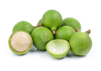 fresh macadamia nut on white background