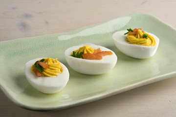 Deviled eggs with smoked salmon and chives