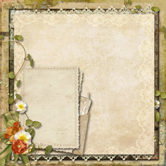 Vintage background with old card and beautiful flowers