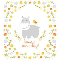 Happy hippo on floral background
