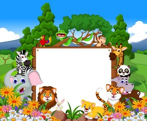 Obraz na płótnie Canvas funny animal cartoon collection with blank board