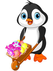 Obraz premium Penguin with Easter wheelbarrow