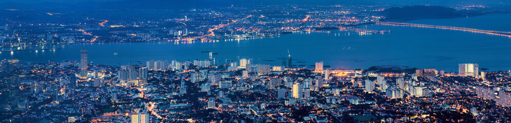 Fototapeta na wymiar George Town Penang Malaysia Aerial View at Blue Hour
