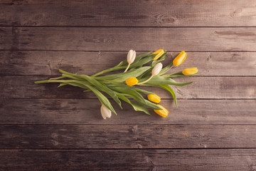 yellow tulips over wooden table background
