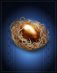 vector easter, vintage background with a golden egg in the nest