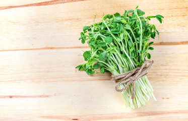 closeup green pea sprout  on wooden background