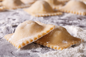 uncooked ravioli on a floured table macro. horizontal