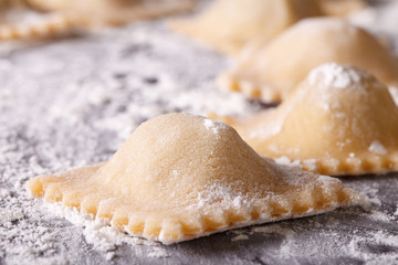 Italian uncooked ravioli on a floured table macro. horizontal