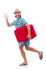 Funny man with suitcase isolated on white