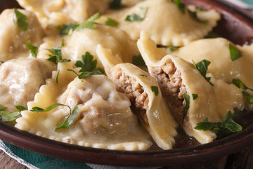 Italian ravioli with meat closeup on a brown plate. horizontal