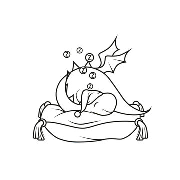 Coloring book: Cute little dragon sleeping on the pillow