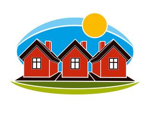 Bright illustration of simple country houses on sunrise backgrou