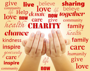 Hands with word Charity on color background