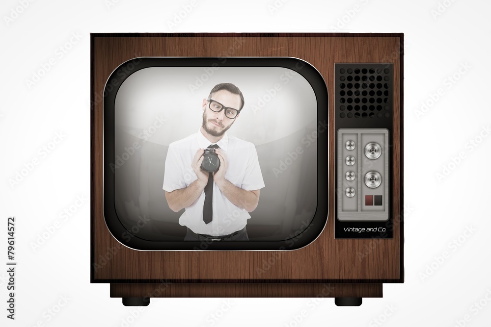 Aufkleber composite image of geeky businessman holding alarm clock