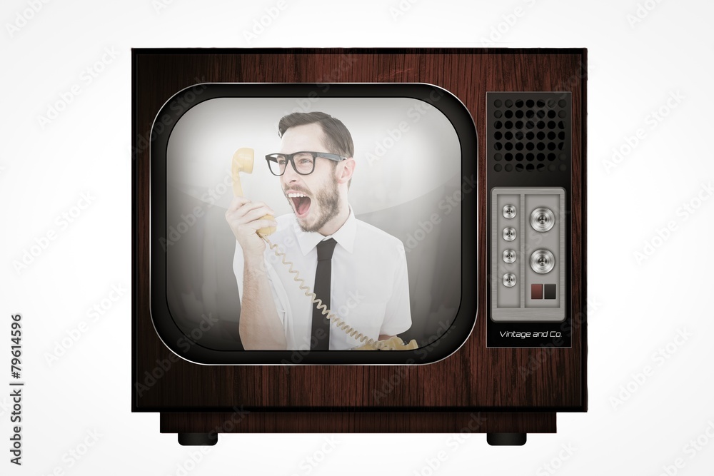 Aufkleber composite image of geeky businessman shouting at telephone