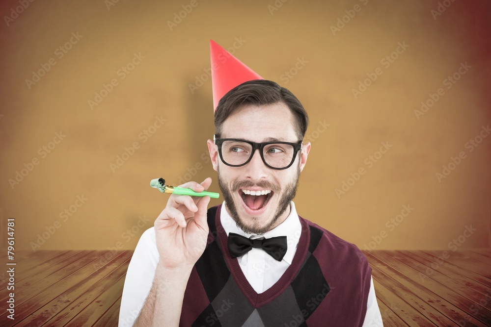 Aufkleber composite image of geeky hipster in party hat with horn