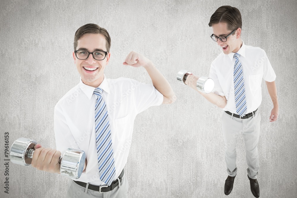 Poster Composite image of nerd lifting dumbbell