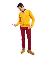 Naklejka premium Man with moustache with magnifying glass