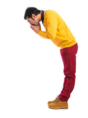 Man with moustache shouting over white background
