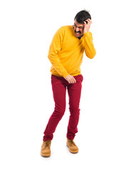 Frightened man over white background