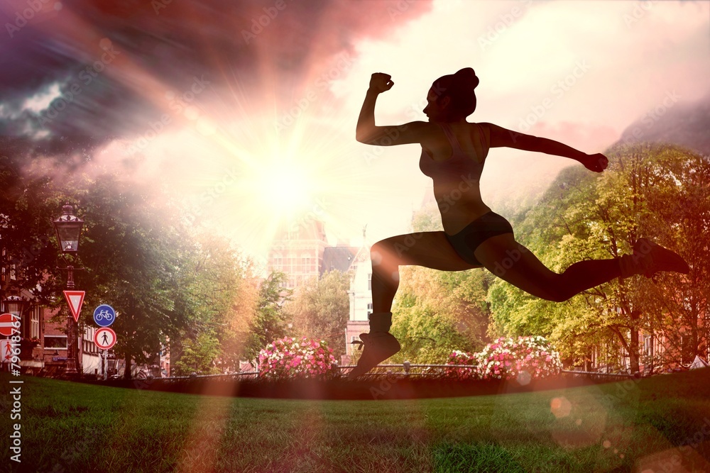 Aufkleber composite image of fit brunette running and jumping