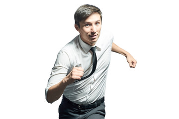 Young businessman running fast over white background