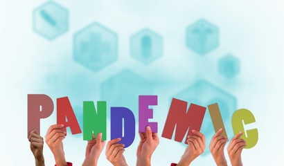 Composite image of hands holding up pandemic