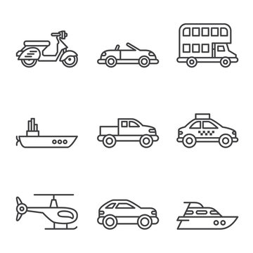 Transport icons, simple and thin line