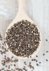 chia seeds in a spoon on wooden surface