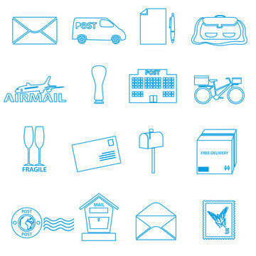 post and mail blue outline icons set eps10