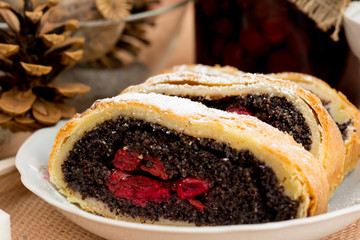 Poppy seed strudel with cherry