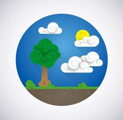 Landscape illustration.Clouds,sun, tree. Flat design icon.