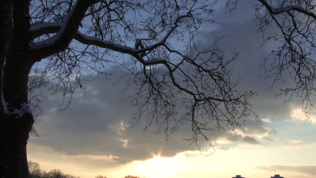 MCU LS PAN OF THE SUN SETTING OVER VICTORIA PARK LONDON