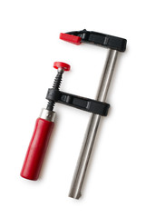 Ð¡lamp with red wooden handle on a white background