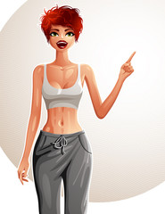 Attractive white-skin standing girl pointing at some empty copy