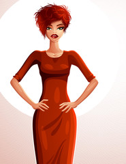 Sexy coquette Caucasian woman with her hands akimbo, full-length