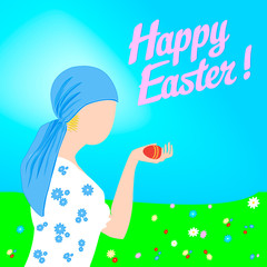 During a nice sunny spring day a girl with a fichu is holding an easter egg in her hand, flowers have grown in the meadow