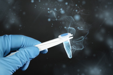 Ice-cold scientific or medical sample on dark background