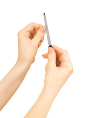 Woman polishing fingernails with nail file, isolated on white