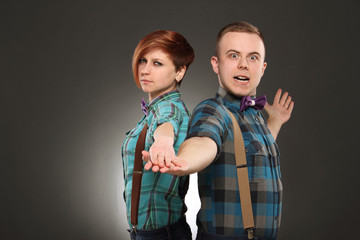 Portrait of happy couple, fun emotions