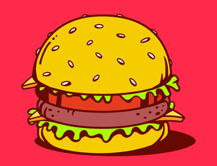 Vector illustration of big classic burger on red background.