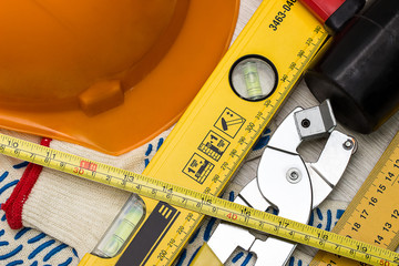 Construction helmet and tools