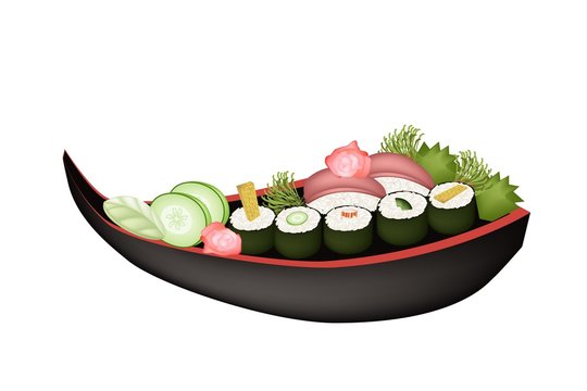 sushi boat with cucumber, ginger, and wasabi clip art preview