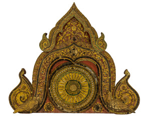 Ornate temple door lintel at Lamphun National Museum, Thailand