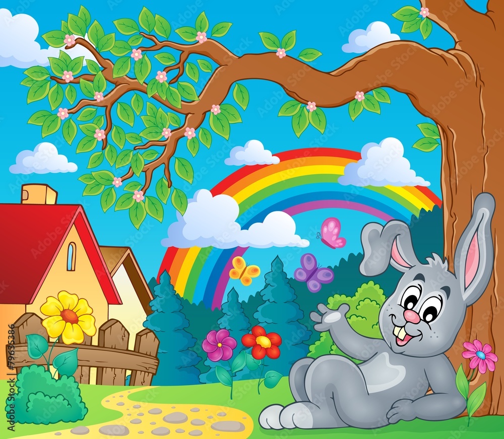 Poster spring theme with bunny and rainbow