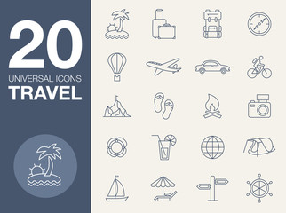 Fototapeta premium Vacation icons, blue line contour series