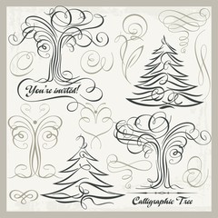 Calligraphy Tree Butterfly Design Elements Set, Ornaments