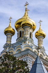 Fototapeta na wymiar Orthodox church cupolas in Yalta, Crimea, Russia.