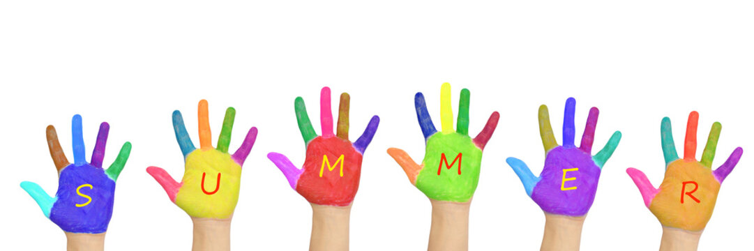 Kids colorful hands forming word "summer".