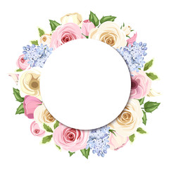 Background with colorful roses, lisianthus and lilac flowers.